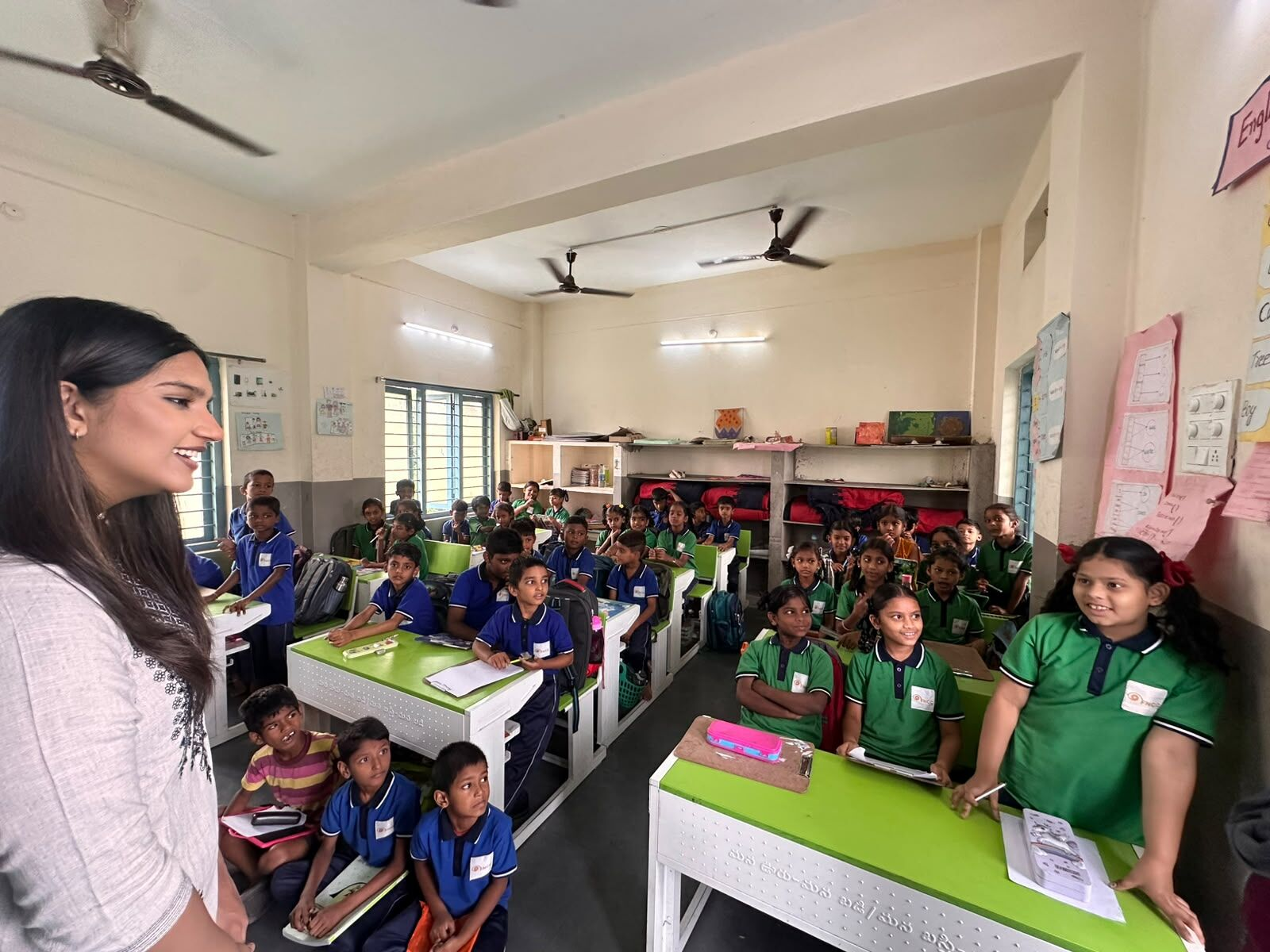 Ruthvika addressing a full classroom of students at MRC School during the Read and Record baseline test visit